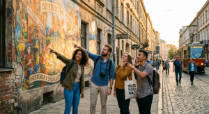 Vibrant street photography capturing a group of diverse tourists pointing at a historic mural in the