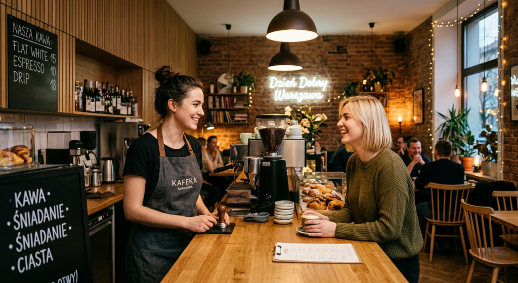 Interior view of a cozy, modern Warsaw bistro featuring a friendly barista interacting with a guest,