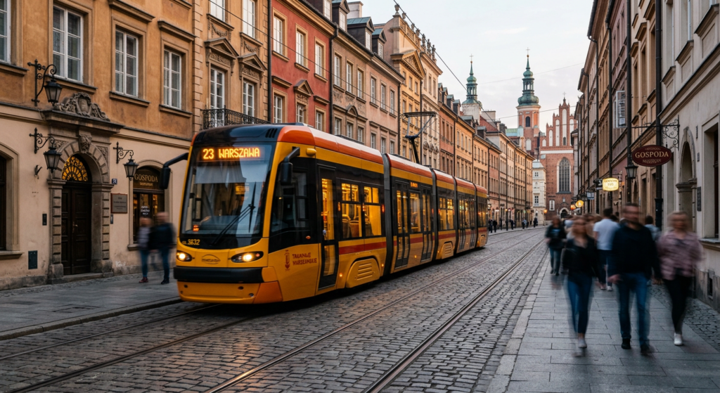 A sleek, modern tram moving through the historic streets of Old Town Warsaw, with blurred pedestrian