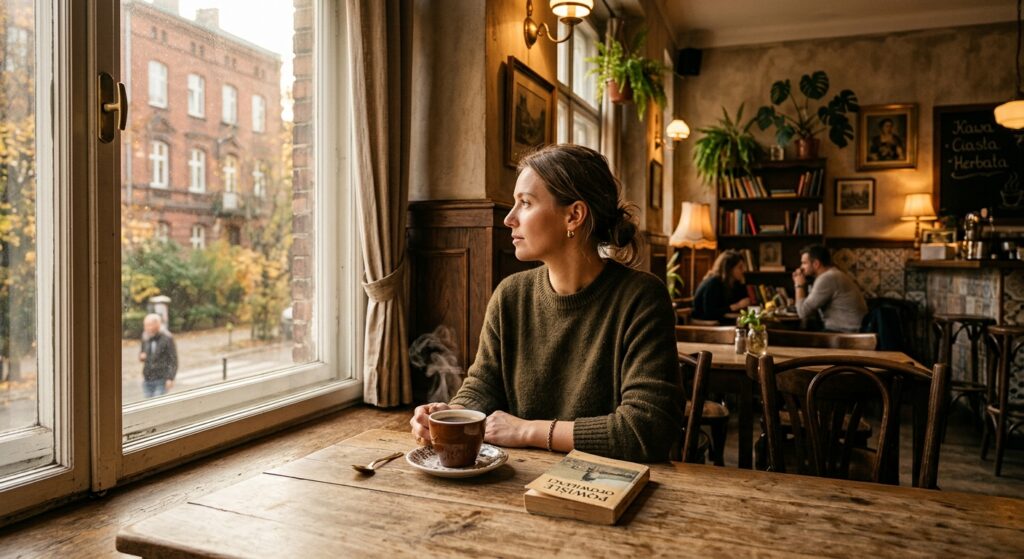 An atmospheric, editorial-style photograph of a cozy, vintage-inspired Powiśle cafe interior with wa
