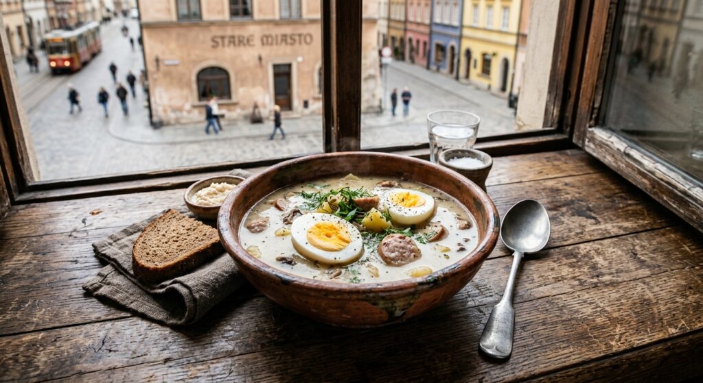 A high-angle, professional editorial photograph of a rustic clay bowl of traditional Polish żurek wi