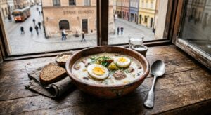 A high-angle, professional editorial photograph of a rustic clay bowl of traditional Polish żurek wi