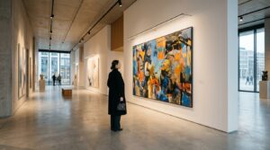 A sleek, cinematic wide shot of a contemporary art gallery in Warsaw with minimalist aesthetics, sof
