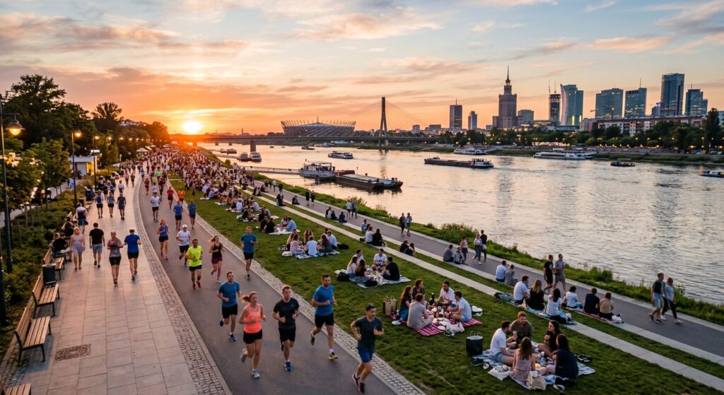 A cinematic high-angle shot of Vistula River boulevards at sunset, showing a mix of urban joggers an