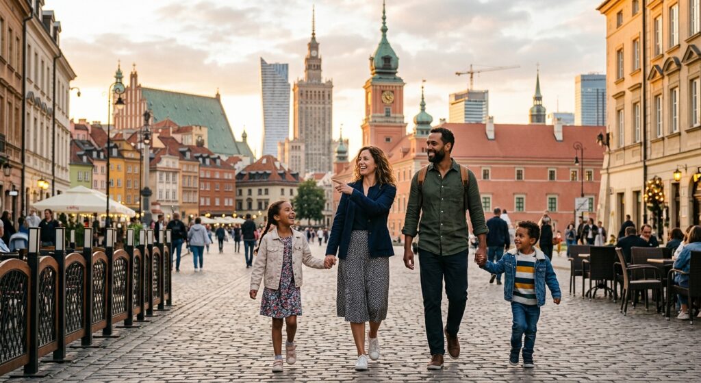 A professional, editorial-style photograph of a happy family exploring a vibrant public square in Wa