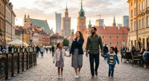 A professional, editorial-style photograph of a happy family exploring a vibrant public square in Wa