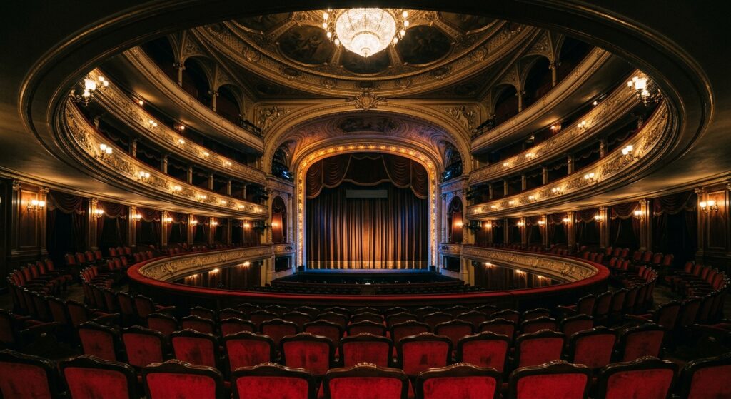 A high-quality, atmospheric editorial photograph of a historic Warsaw theater interior with glowing