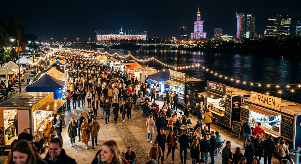 A vibrant, high-angle editorial photograph of a bustling night market along the Vistula River boulev