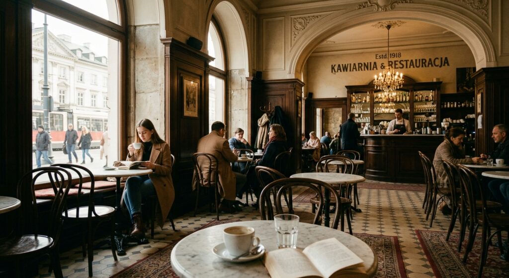 An atmospheric, editorial-style photograph of a sunlit, historic Warsaw café interior featuring clas