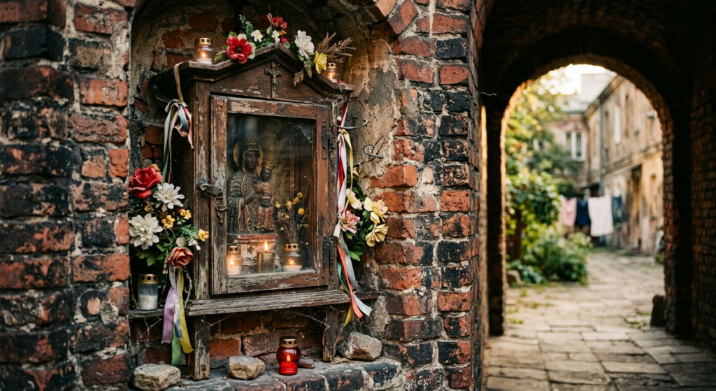 A cinematic, atmospheric close-up shot of a weathered vintage Warsaw courtyard shrine illuminated by