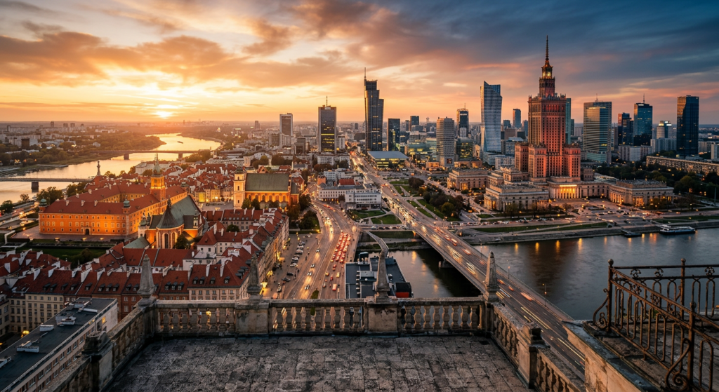 A cinematic, high-angle aerial view of Warsaw’s hidden skyline captured from an exclusive, restricte
