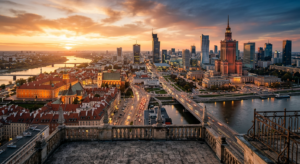 A cinematic, high-angle aerial view of Warsaw’s hidden skyline captured from an exclusive, restricte