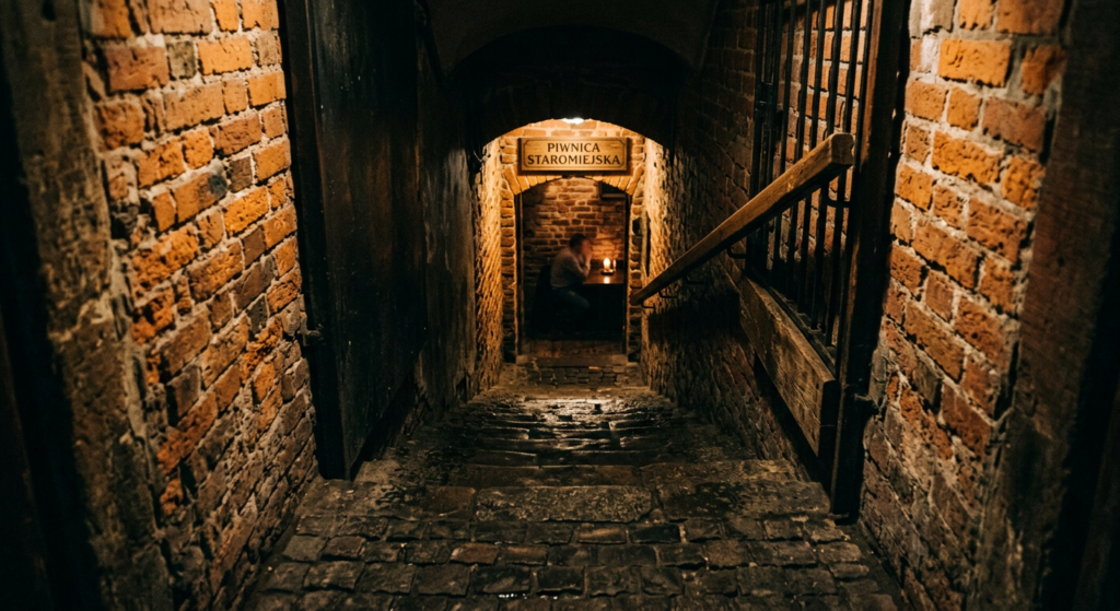 A cinematic, moody editorial shot of a cobblestone staircase leading into a dimly lit, historic Wars