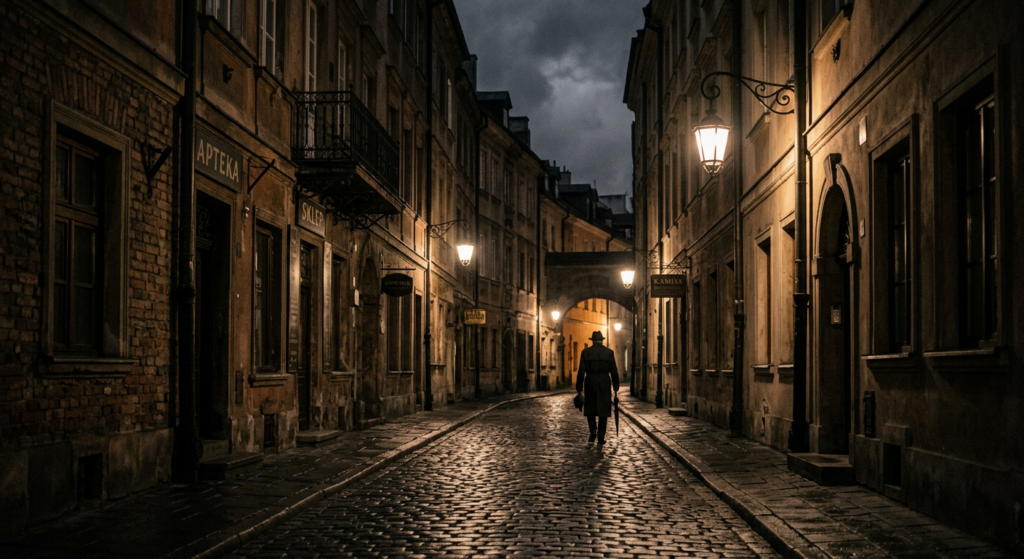 A cinematic, atmospheric street-level shot of a narrow, historic Warsaw alleyway featuring tradition