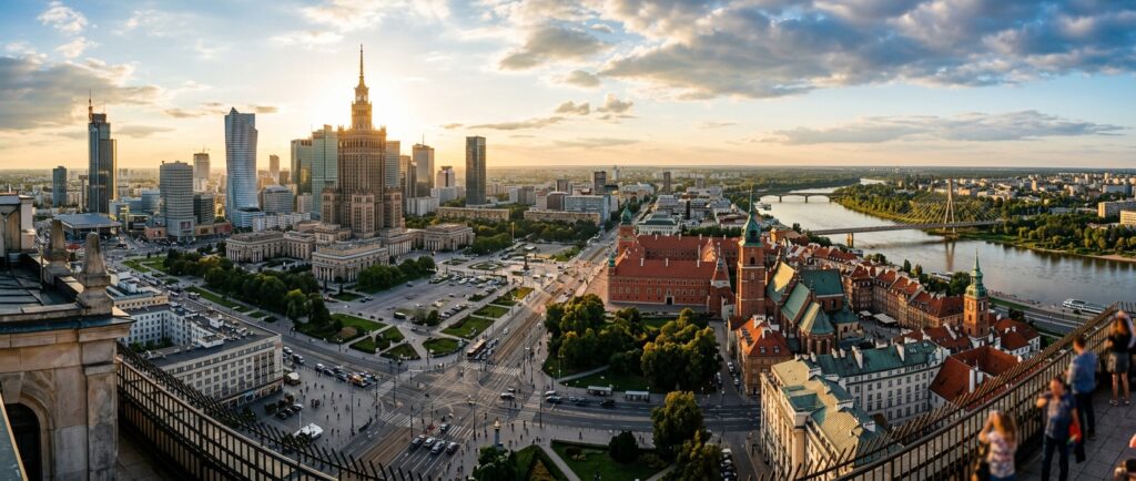 A professional, high-angle panoramic shot of the Warsaw city center skyline at golden hour, capturin