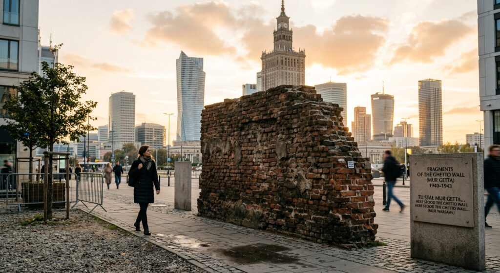A professional, cinematic editorial shot capturing a textured fragment of the historic ghetto wall b