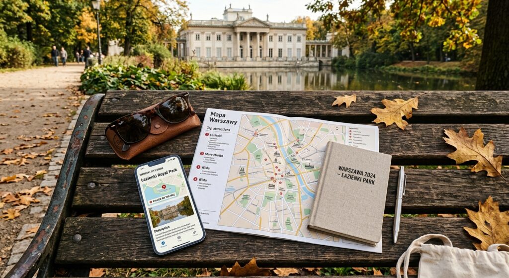 A flat-lay composition on a park bench in Łazienki Park, featuring a smartphone with a Warsaw city g