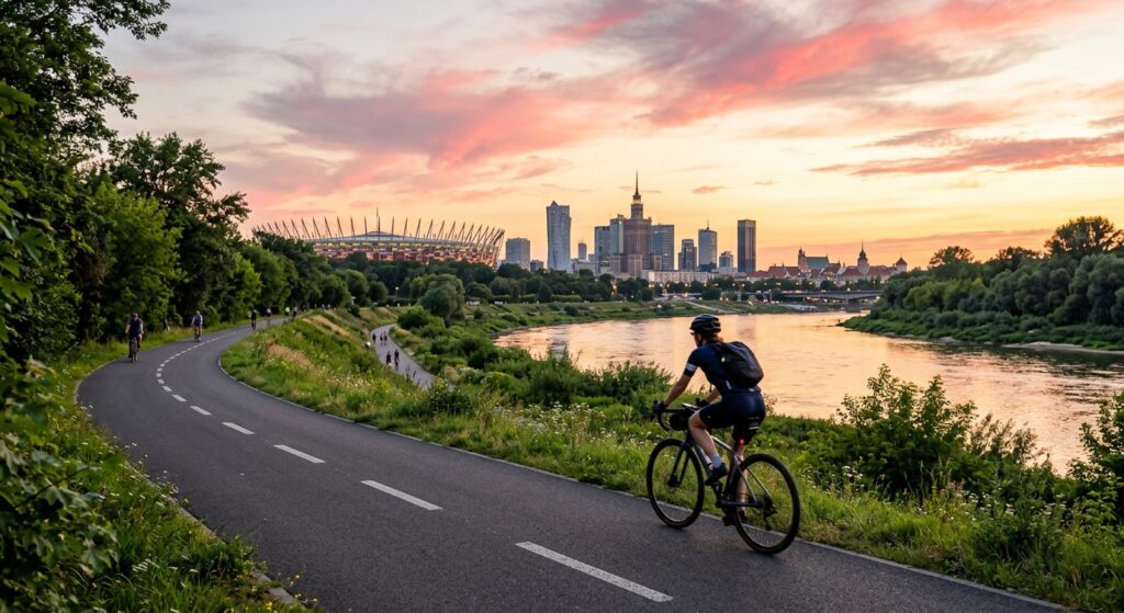 A professional, editorial-style photograph of a scenic cycling path winding along the lush green ban