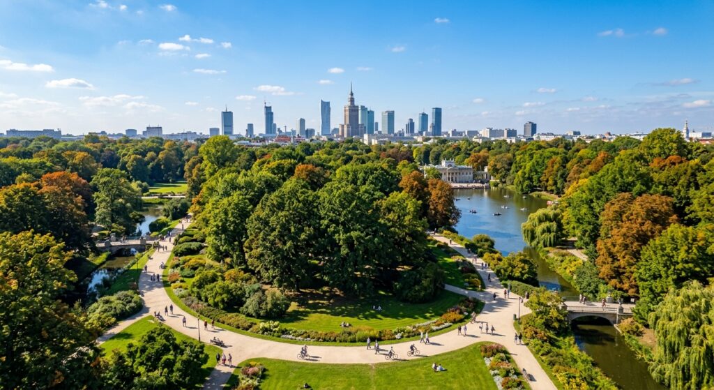 A high-angle, professional editorial photograph of a lush, expansive park in Warsaw featuring a mix