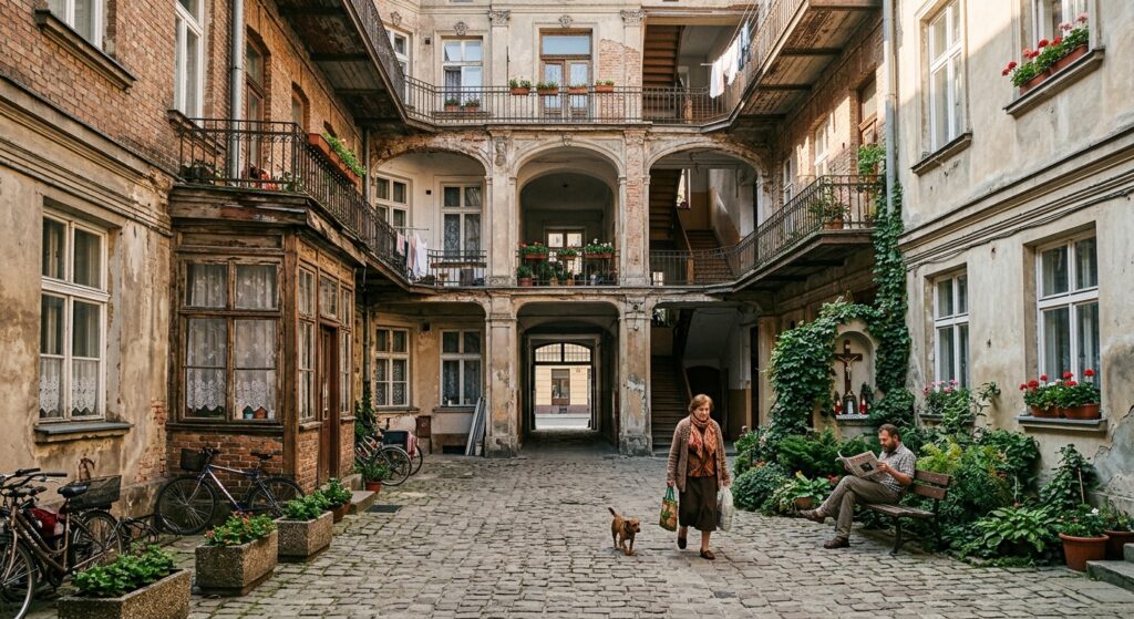 A professional, editorial-style photograph of a sunlit, historic Warsaw tenement courtyard featuring