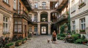 A professional, editorial-style photograph of a sunlit, historic Warsaw tenement courtyard featuring