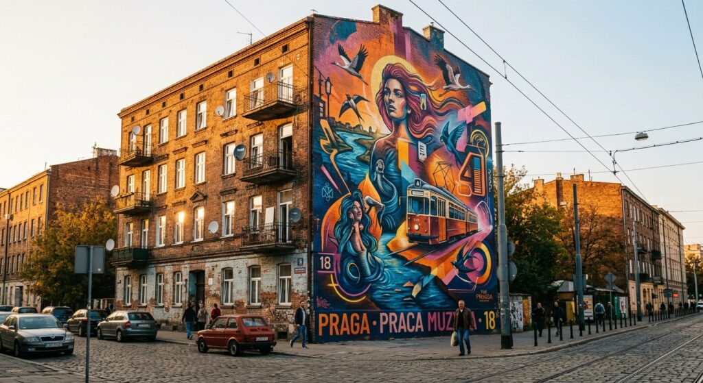 A professional, editorial-style photograph capturing a vibrant, large-scale mural on a historic bric