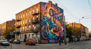 A professional, editorial-style photograph capturing a vibrant, large-scale mural on a historic bric