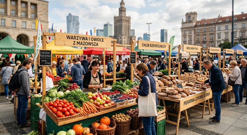 A vibrant, professional editorial photograph of a bustling Warsaw farmers' market featuring colorful