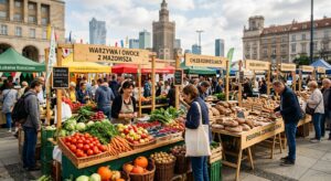 A vibrant, professional editorial photograph of a bustling Warsaw farmers' market featuring colorful