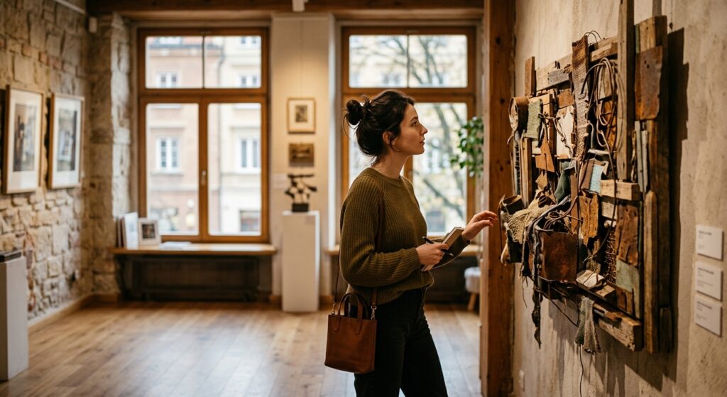 A high-quality, professional editorial photograph of an intimate, sunlit private gallery in Warsaw,
