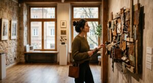 A high-quality, professional editorial photograph of an intimate, sunlit private gallery in Warsaw,
