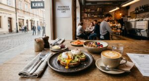 A high-quality, editorial-style photograph of a gourmet breakfast spread on a rustic wooden table in