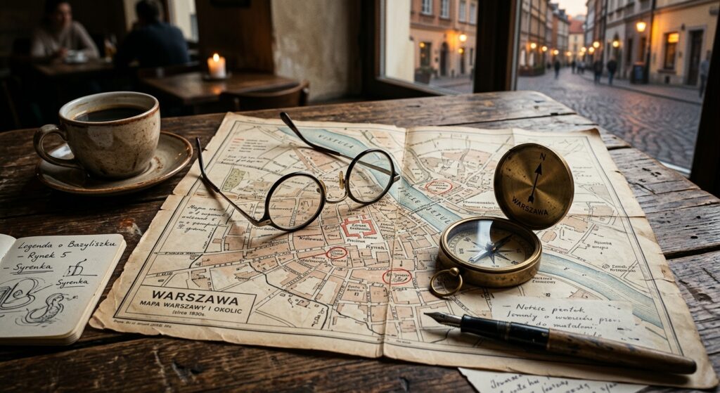 A high-quality editorial photograph featuring a vintage-style map of Warsaw spread across a weathere