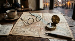 A high-quality editorial photograph featuring a vintage-style map of Warsaw spread across a weathere
