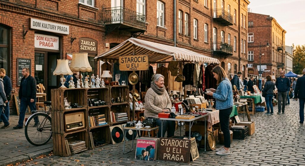 A high-quality, atmospheric editorial shot of a vibrant flea market stall on Warsaw’s Praga district