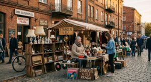A high-quality, atmospheric editorial shot of a vibrant flea market stall on Warsaw’s Praga district